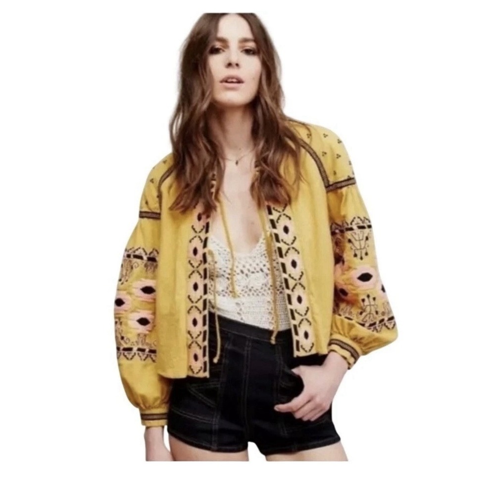 Anthropologie RD Koko Embroidered Top Sz L Peasant Jacket Boho Puff Sleeves